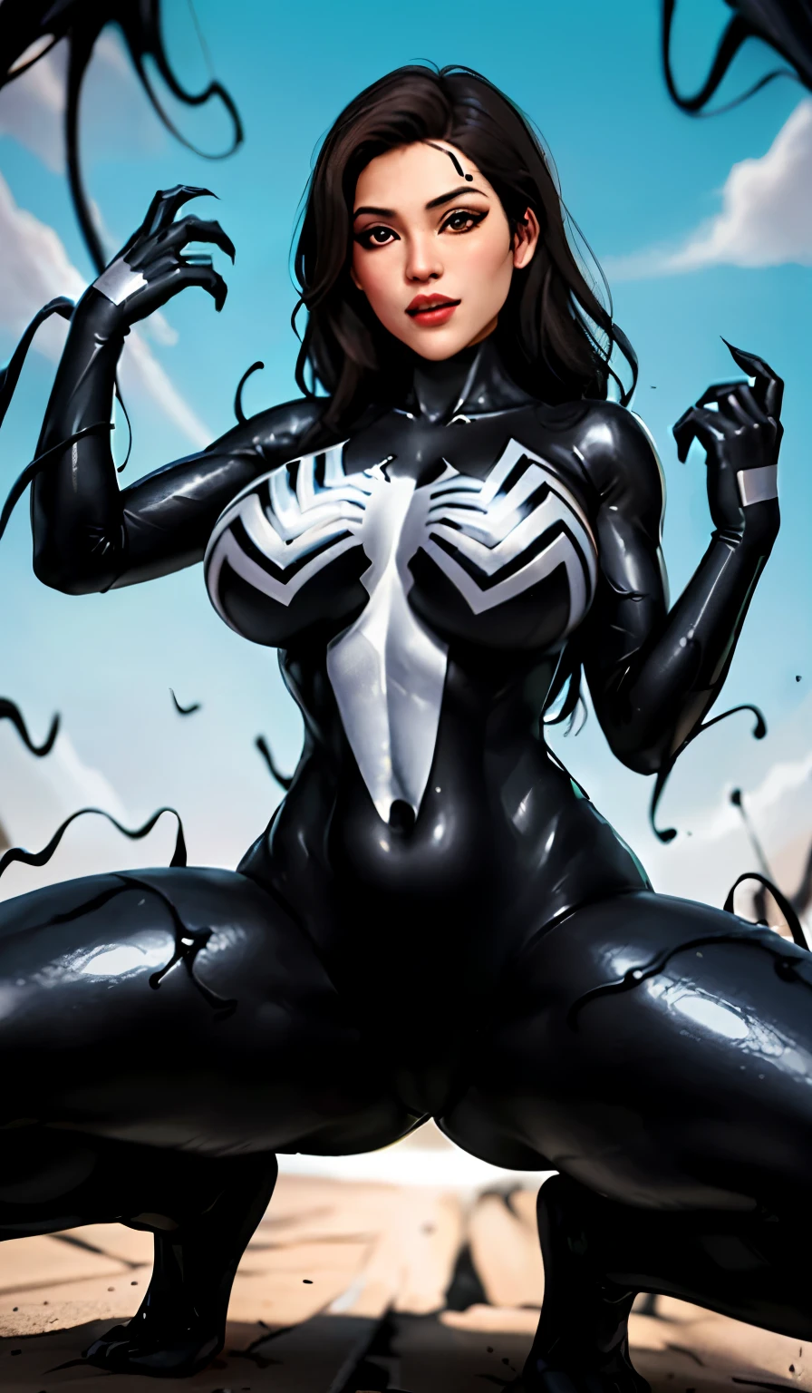 4K,realisticlying,Glamorous,The very detailed,There a girl in Dingcheng,Wearing a black Spider-Man costume,(Black and white:1.4) the night,symbiote,venomize,a large amount of mucus,she a spiderman,Black superhero theme,In front of the sky,Flushed complexion,( Open legs, camel-toe,, Vulvar shape:1.3),(GGCameltoe:1.3)Legs apart,25 age old,full bodyesbian