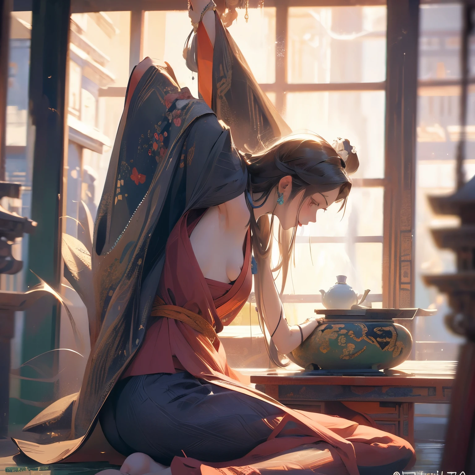 realistic photo, best possible quality,
meditation scene, tai-chi, Japanese yoga  ornamentation, tea house, flat place with decorative stones on the floor, plants alongside in harmony and a small waterfall.
we see  a woman, on the floor, she puts her head on the floor with her arms stretched out on the floor, while she sticks her bare butt up, bending her knees on the floor, her breasts are small and firm, angelical face, her delicate feet, perfect hands, her big, straight hair touches the floor