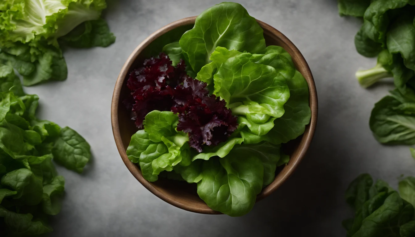 a top-down shot of a bowl filled with fresh, vibrant lettuce leaves, creating a visually pleasing and appetizing composition