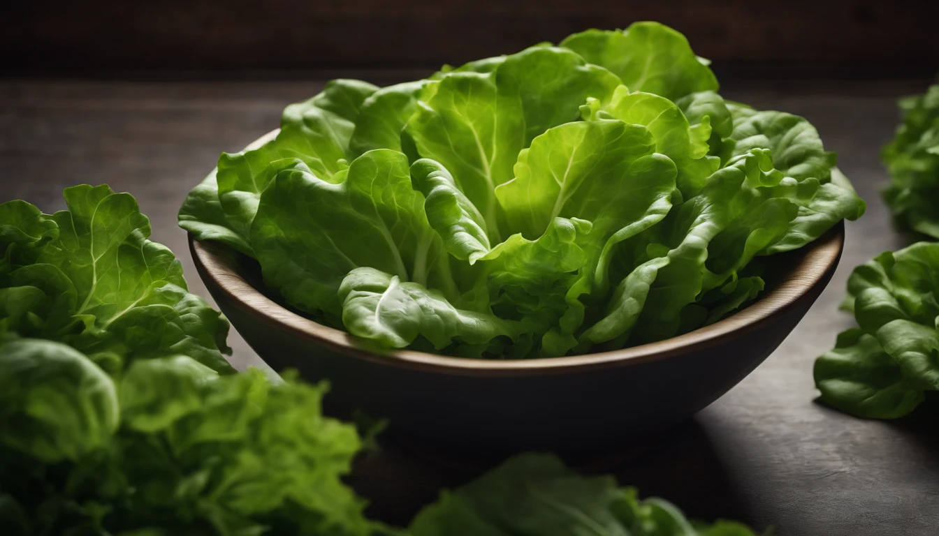 a top-down shot of a bowl filled with fresh, vibrant lettuce leaves, creating a visually pleasing and appetizing composition