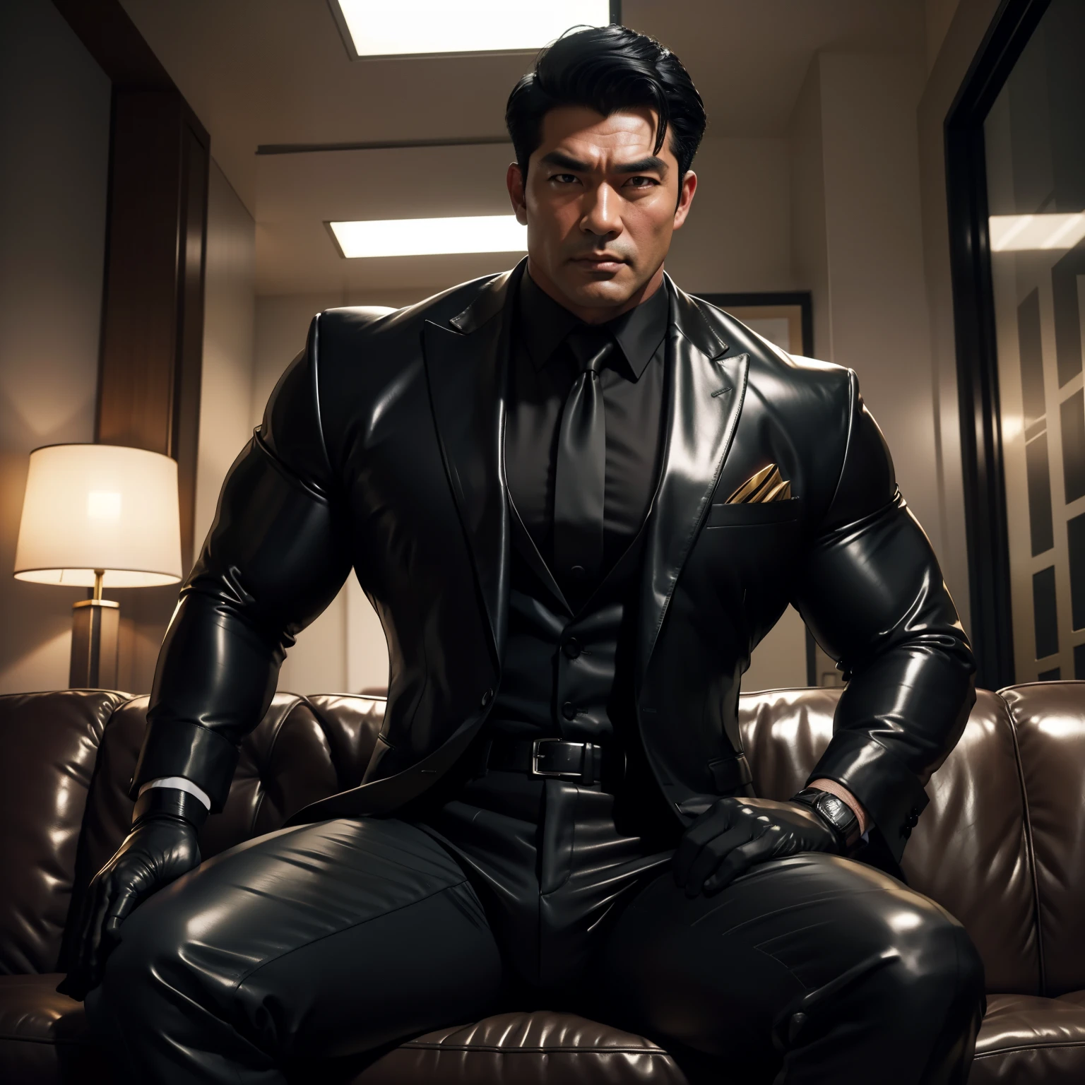 30 years old,daddy,"shiny suit ",Dad sat on sofa,k hd,in the office,"big muscle", gay ,black hair,asia face,masculine,strong man,the boss is,handsome,,leather gloves,lecherous dad,look straight ahead,dad is handsome,dad is handsome ,dad is "horny dad"