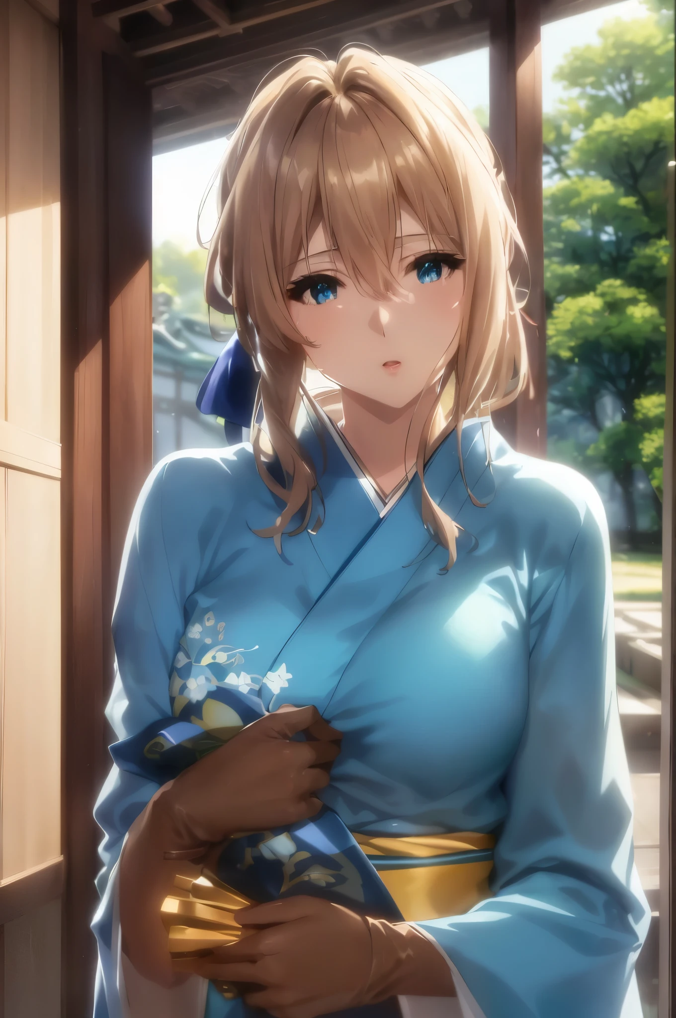 masuter piece, Best Quality, 超A high resolution, top-quality, Anime style, The best lighting, Beautiful face, The upper part of the body, 独奏, Violet_Evergarden, a blond, jewely, a blondのアップド, bow ribbon, aqua eyes, (Light blue kimono:1.3), (blue obijime:1.2), Emeraude, morning sunlight, a temple background, (Face Focus:1.Put your hands on your chest:1.3), (wear long leather gloves:1.3)