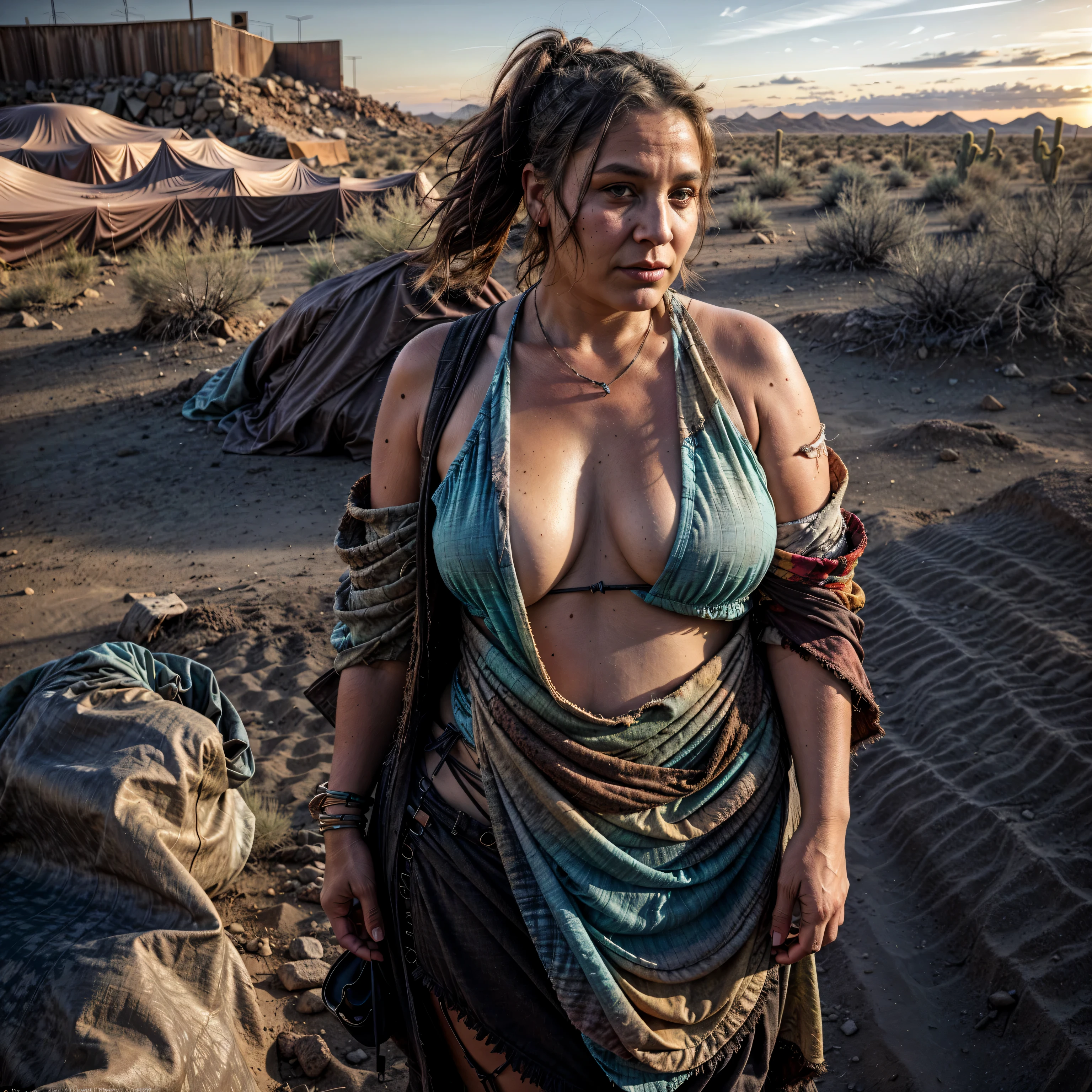 Transitioning to a desert landscape at sunset, a lone figure, a beautiful woman emerges wearing nomadic, post-apocalyptic clothing. Layers of tattered fabric, unconventional accessories, and a weathered look create an aura of survival and resilience, small tiny breasts, a sexy fat voluptuous mature obese,