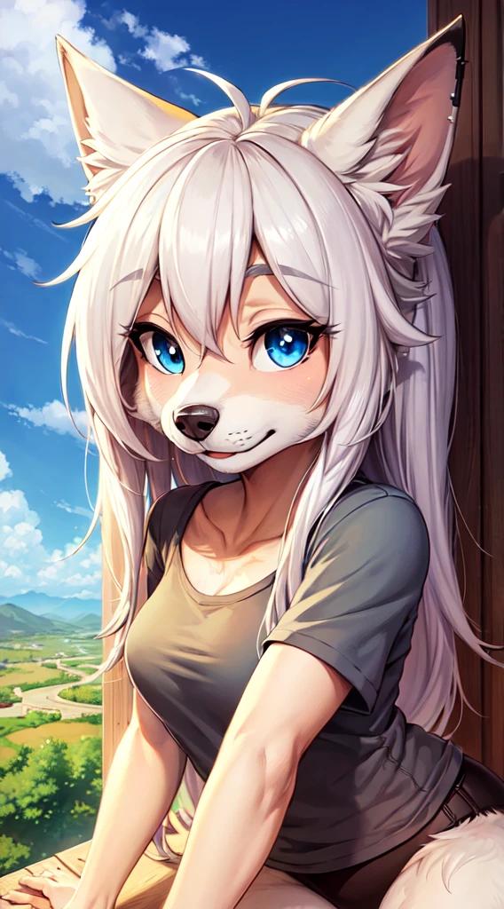 anime girl with long white hair and blue eyes sitting on a window sill, white - haired fox, realistic anime artstyle, pov furry art, beautiful anime catgirl, realistic anime art style, anime style. 8k, high quality anime artstyle, clean detailed anime style, anime style portrait, furry character portrait, furry anime, anime style 4 k