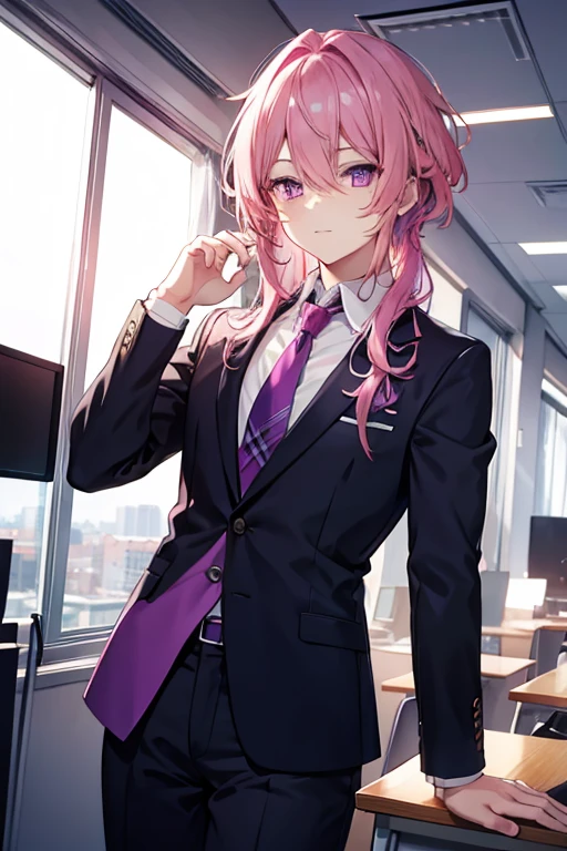 A pink haired  handsome man with violet eyes is posing in a business suit in an office