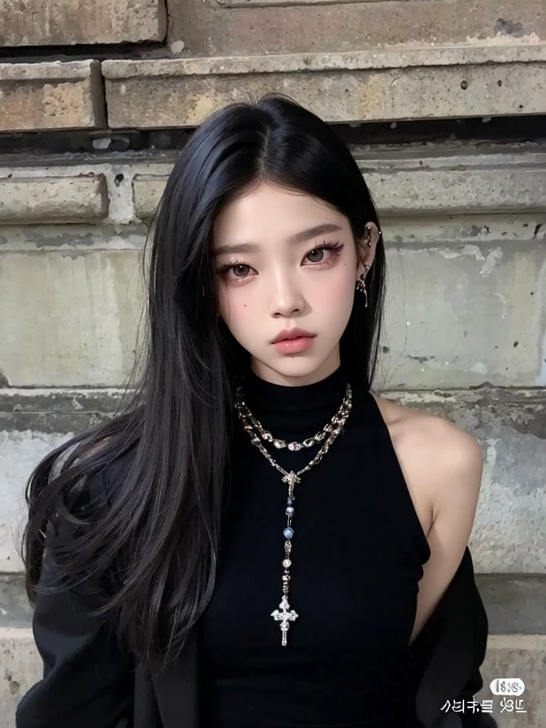 um close up de uma mulher com longos cabelos pretos usando um colar, jennie blackpink, cruel korean goth girl, portrait of jossi do blackpink, jossi do blackpink, Parque Roseanne do Blackpink, TaeJune Kim, Poarch bonito, goth girl aesthetic, com cabelos longos and piercing eyes, com cabelos longos, Jisoo do Blackpink, Heonhwa Choe