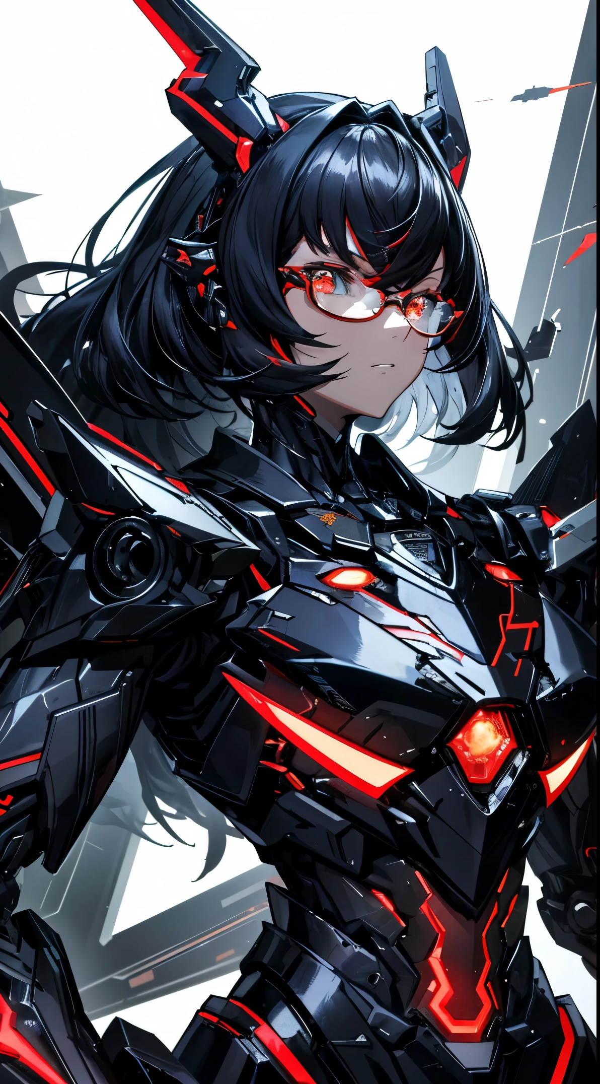 Blood Sea style,aesthetics,tmasterpiece,Best quality,Denim lenses,Caustics,reflector,ray traycing,cyber effect,(1 flat-chested girl:1.4),Royal sister demeanor,wears glasses,Alone,Alone,mechanicalparts,robotjoints,single mechanical arm,,Black mecha body,fully armoured ,It's a science fiction movie,Black color mecha,The abdomen is covered with thick armor.,Geometric armor,很长的the hair,黑色the hair颜色the hair , 两眼之间的the hair, the hair, 黑The eye, glowing light eyes, Eye trajectories,Super handsome action Zhan Lpo de chuva long view,The main colors are red and black