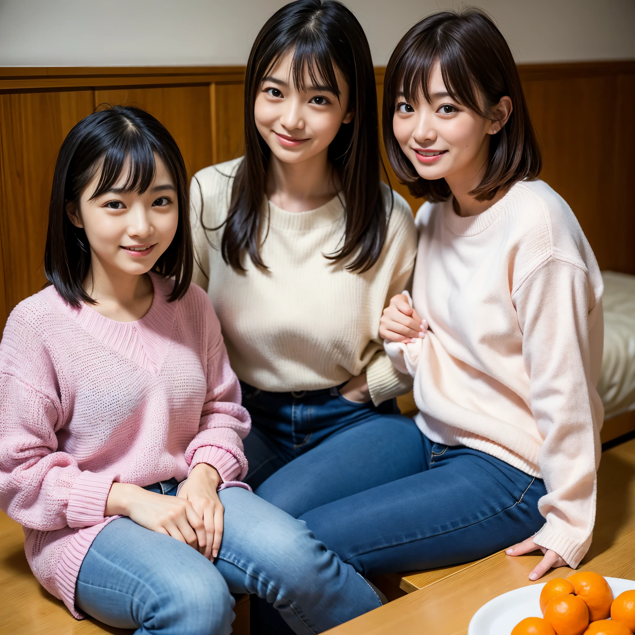 BEST-QUALITY, MASTERPIECE, ULTRA-HIGH-RESOLUTION, (PHOTOREALISTIC:1.4), RAW-PHOTO, ULTRA DETAILES, PERFECT-ANATOMY, 

at midnight, In the Japanese-style room, 2girls, lesbian couple, sitting at KOTATSU facing each other, eating Mandarin Oranges, looking at each other and laughing, detailed KOTATSU, detailed Mandarin Oranges on the KOTATSU, detailed KOTATSU, all completely wasted, detailed pink sweater, detailed white sweater, detailed jeans, extremely cute face like a Japanese famous idol, extremely beautiful face like a famous Japanese actress, extremely beautiful big black eyes, extremely beautiful black solid circle eyes, extremely beautiful and extremely realistic skins, extremely beautiful hands, detailed fingers