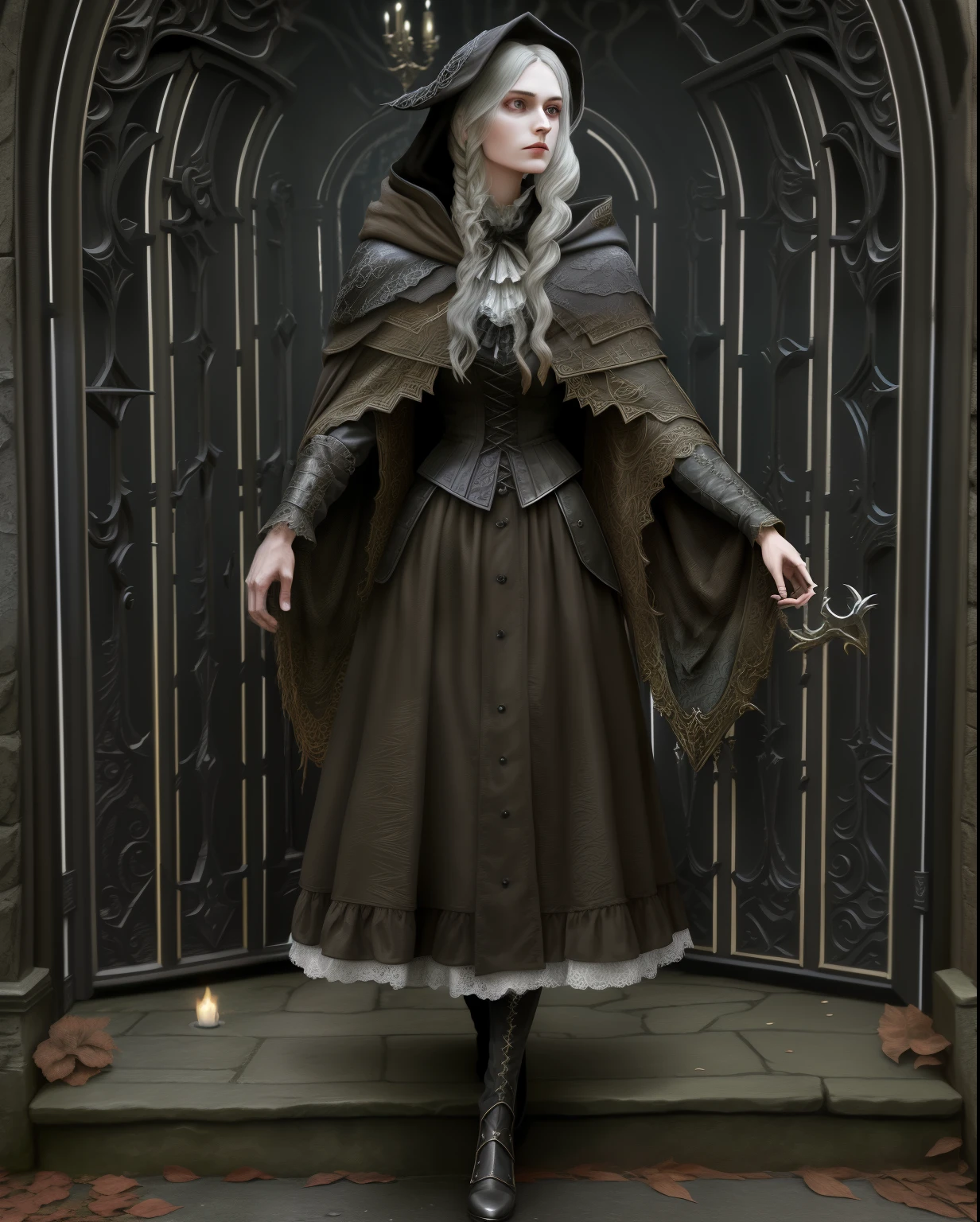 Dolls in the game Bloodlineide woman in costume standing in front of door, bloodborne style, portrait of a bloodborne hunter, from software, hyper-detailed fantasy character, very detailed and rich clothing, castlevania witch, dark witch character, ornate Cloak, classical witch, brown Cloak, Uma personagem feminina, Cloak. extremly high detail, mechanized witch, aristocrat Cloak
