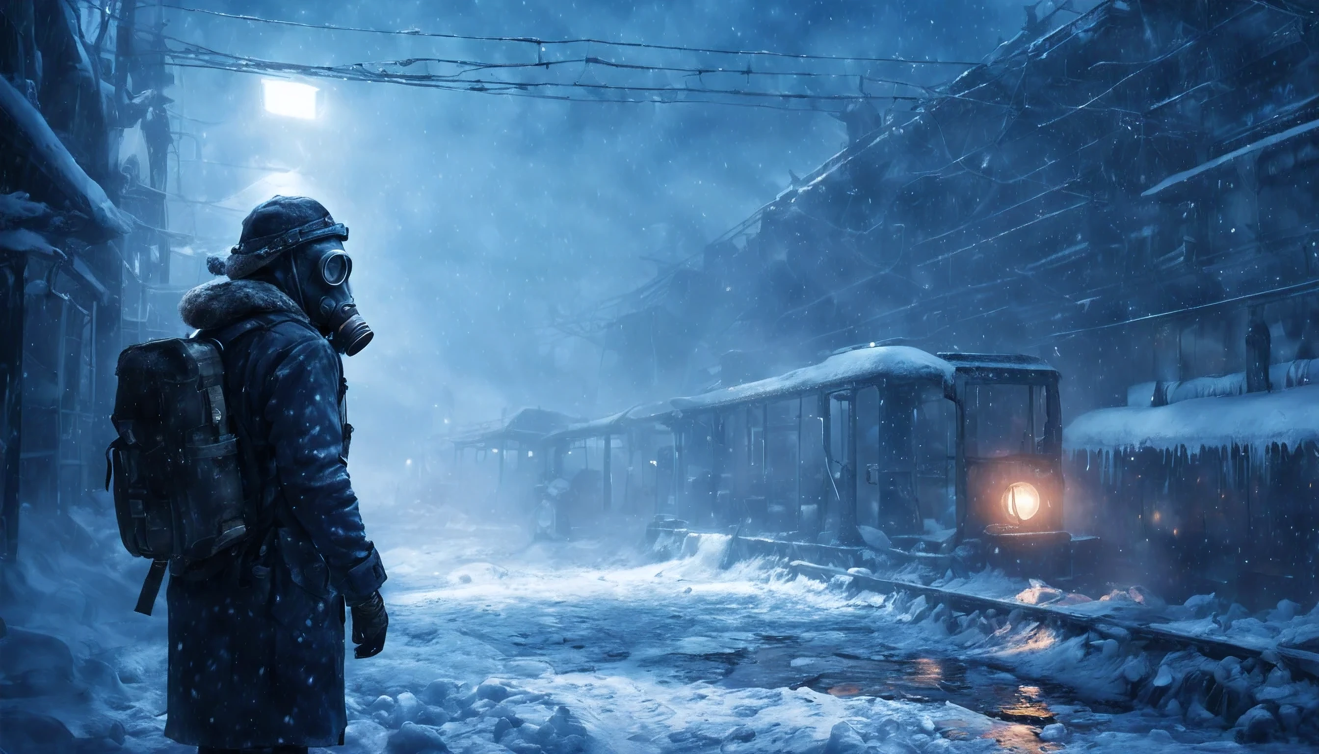 High resolution, detailed illustration, man wearing a gas mask, snowing ice, post-apocalyptic city, Metro Exodus game vibe, captivating atmospheric lighting, desolate ambiance, immersive composition, captured by a renowned digital artist, trending on art platforms, ((Metro Exodus atmosphere:1.5)), ((gas mask:1.4)), ((snowing ice:1.3)), ((post-apocalyptic city:1.4)).
