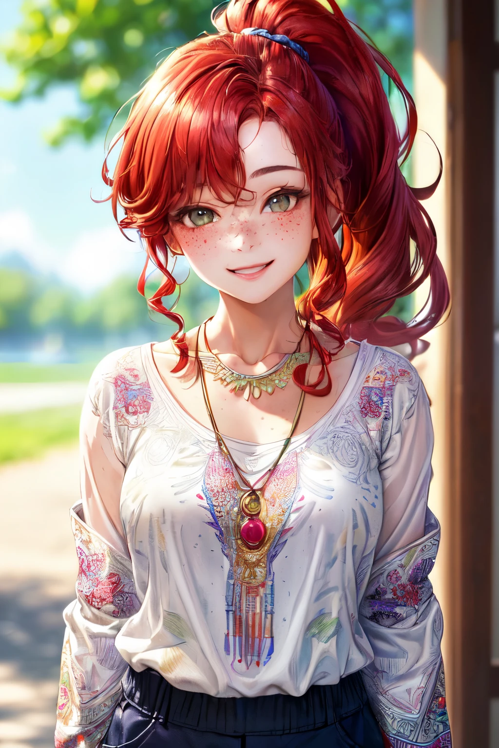 ((best (masterpiece, best quality), 1girl, collarbone, wavy hair, looking at viewer, blurry foreground, upper body, necklace, contemporary, plain pants, ((intricate, print, pattern)), ponytail, freckles, red hair, dappled sunlight, smile, happy,), ((masterpiece)), (detailed), perfect face