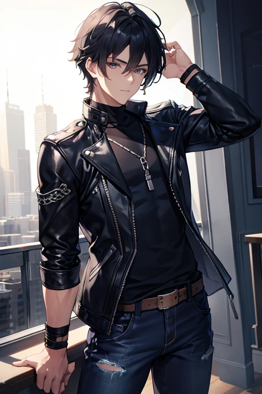 A navy haired handsome man with silver eyes is posing in a leather jacket and jean outfit