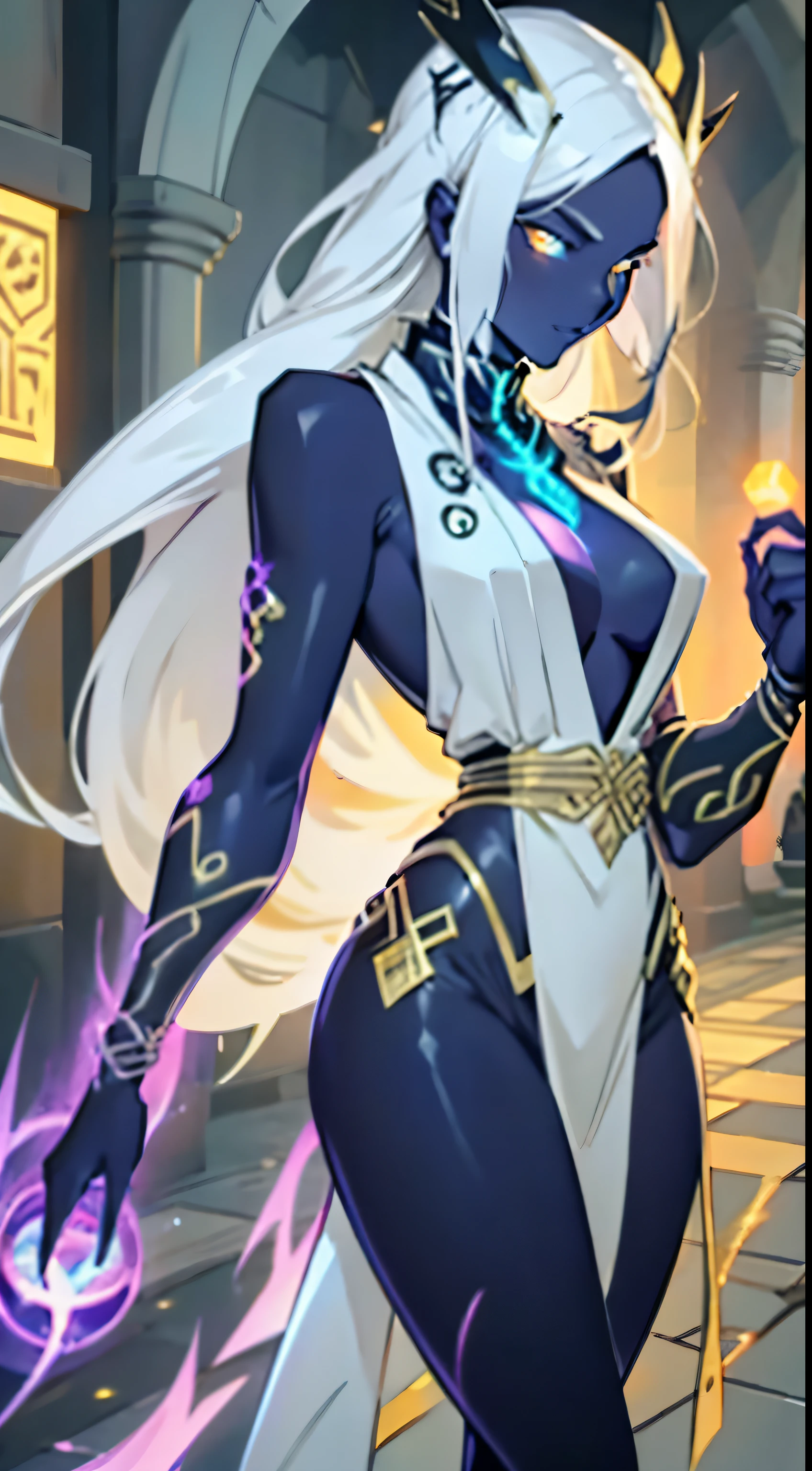 A beautiful and sexy megatrix woman with long white hair and yellow eyes who has a very sexy body wearing a white kimono with gold details and having several runes running across her body