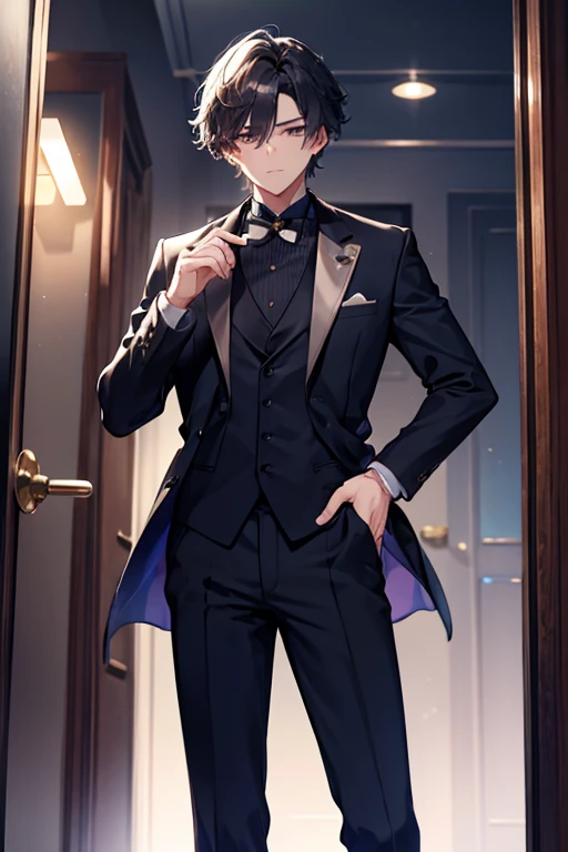 A navy haired handsome man with silver eyes is posing in a fancy suit at a ball