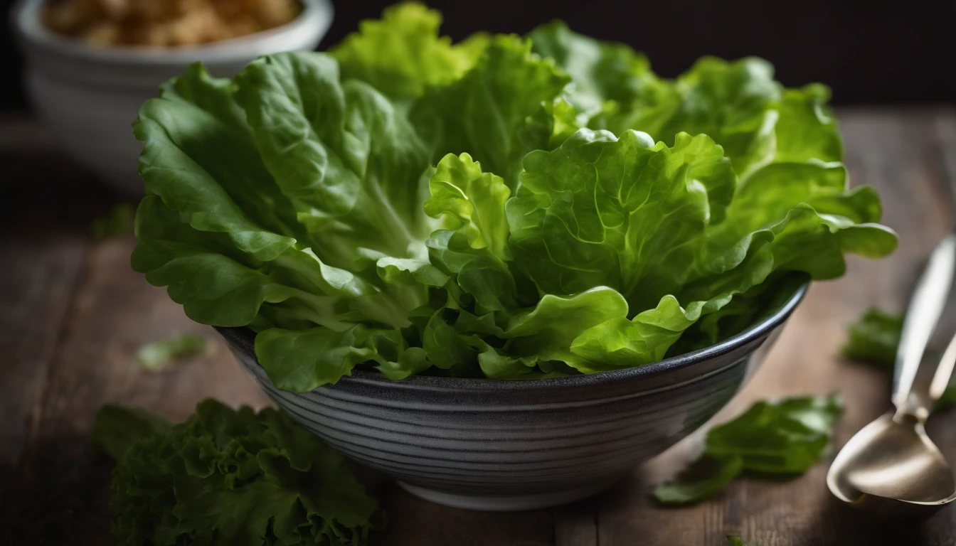 a top-down shot of a bowl filled with fresh, vibrant lettuce leaves, creating a visually pleasing and appetizing composition