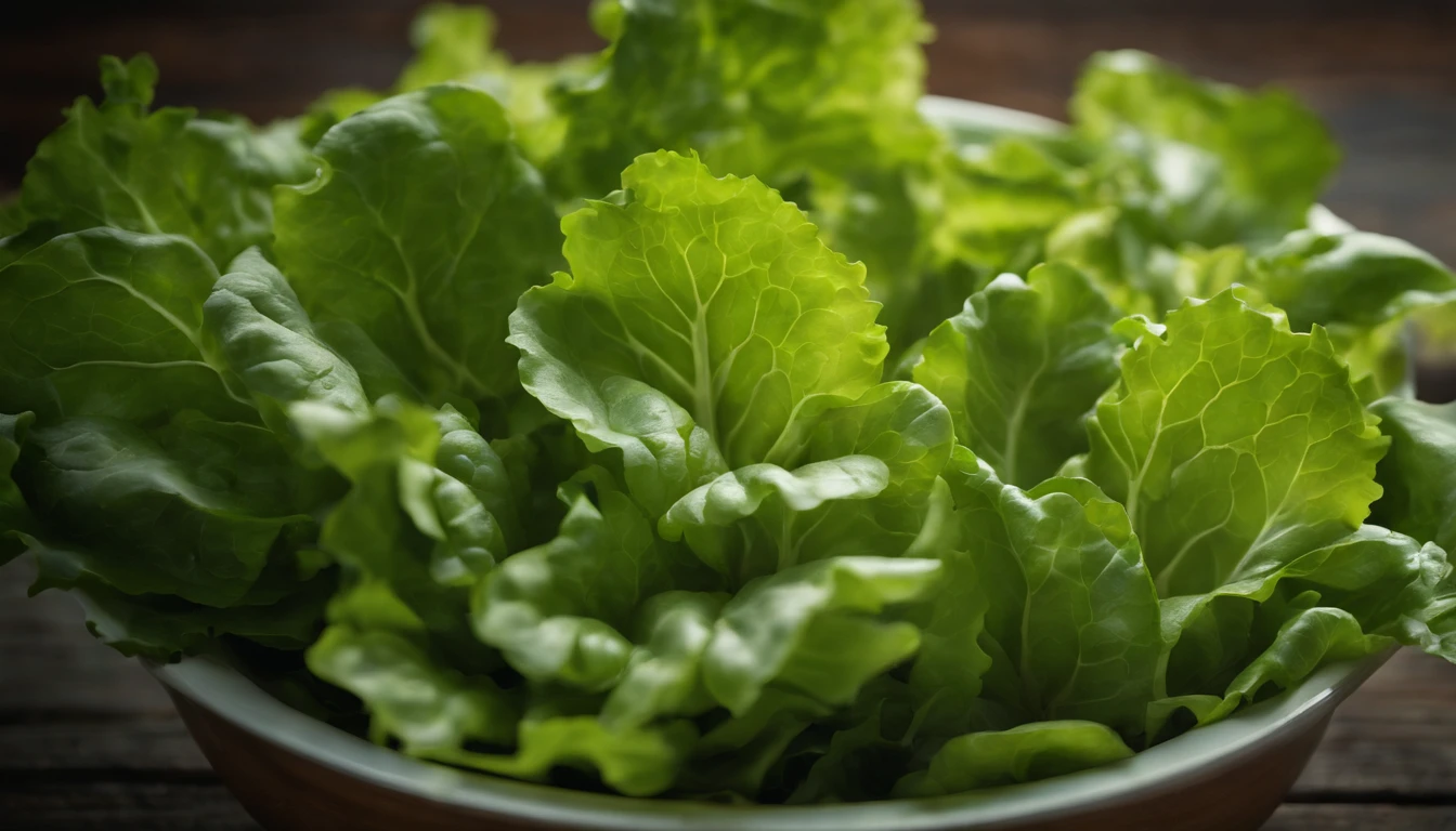 a top-down shot of a bowl filled with fresh, vibrant lettuce leaves, creating a visually pleasing and appetizing composition