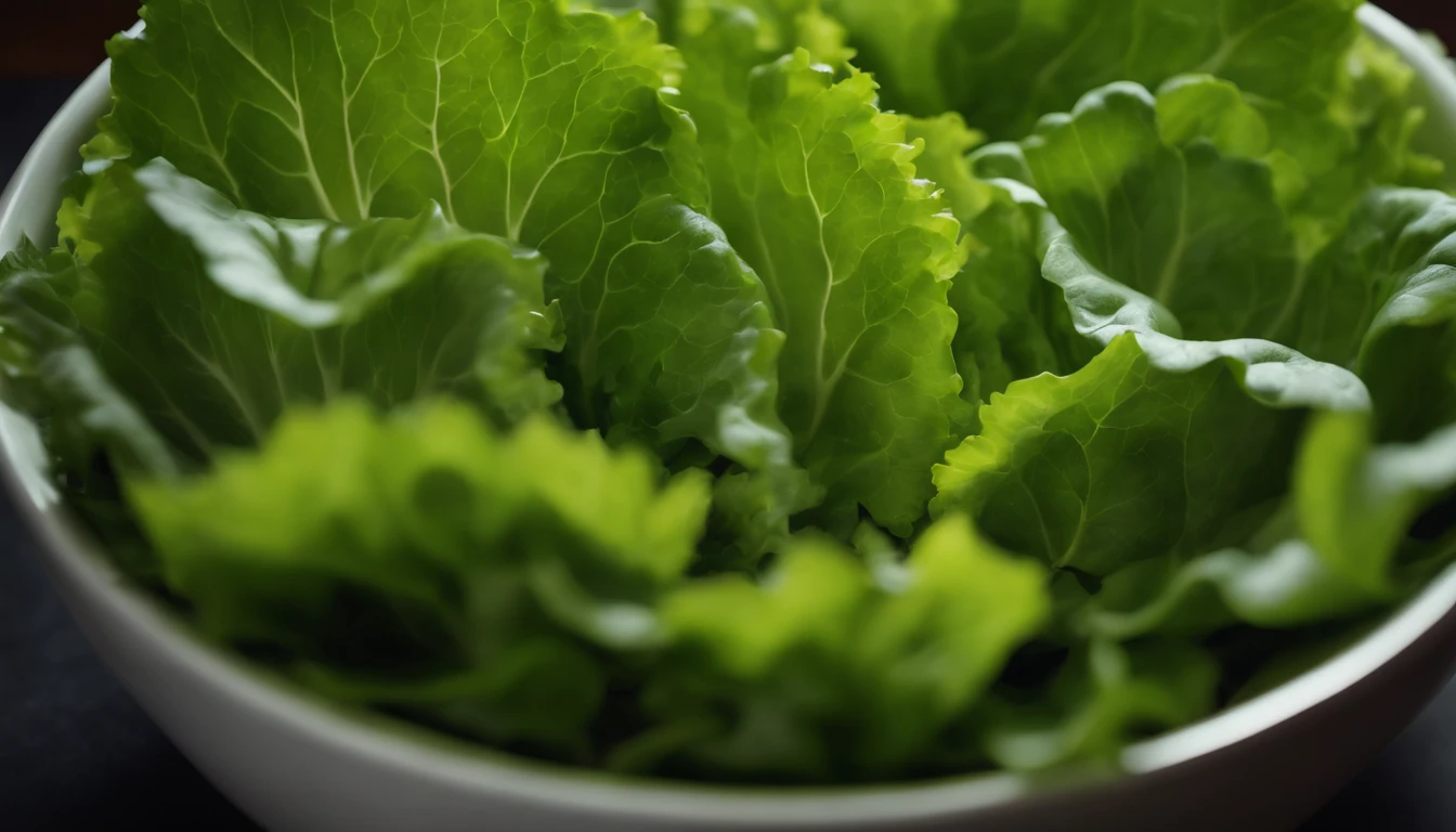 a top-down shot of a bowl filled with fresh, vibrant lettuce leaves, creating a visually pleasing and appetizing composition