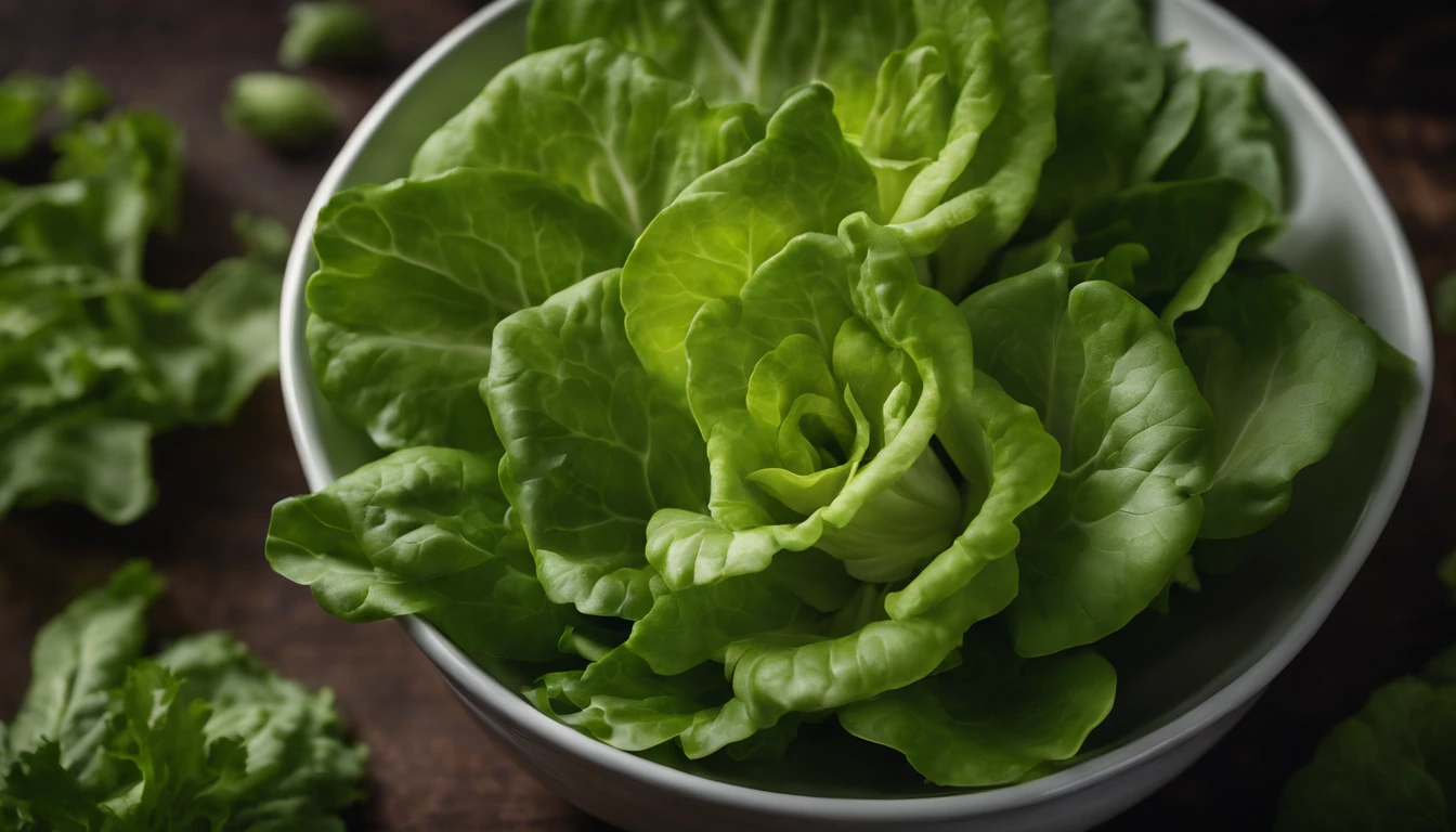 a top-down shot of a bowl filled with fresh, vibrant lettuce leaves, creating a visually pleasing and appetizing composition