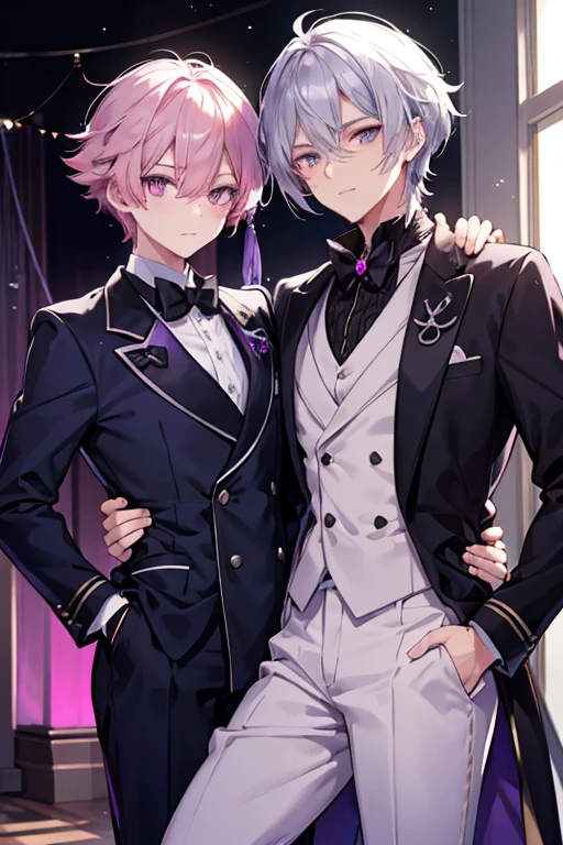 A navy haired handsome man with silver eyes is posing with a pink haired handsome man with violet eyes at a ball