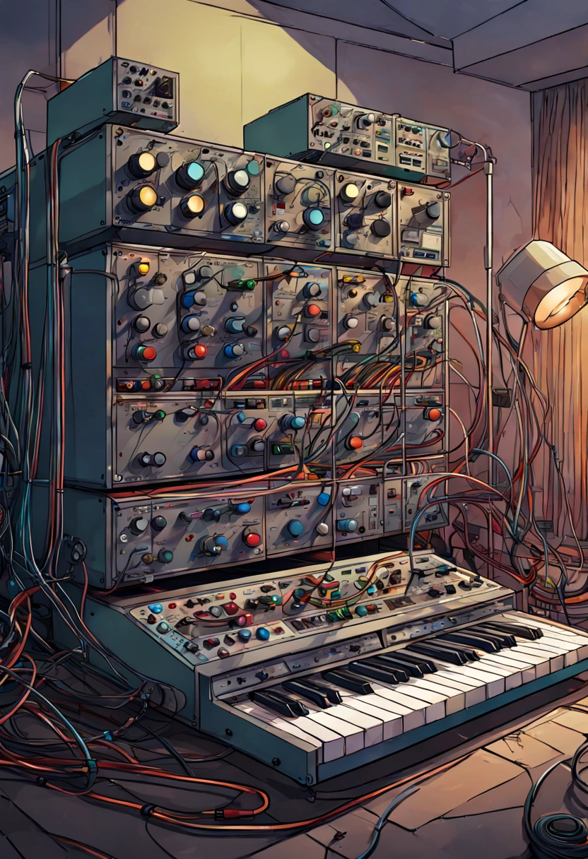 a comicbook illustration of a weird-shaped modular synthesizer with colored cables in a shady and dirty room in a cheap hotel, best quality, highly detailed, masterpiece,trending on artstation, digital art, digital illustration, storybook illustration,