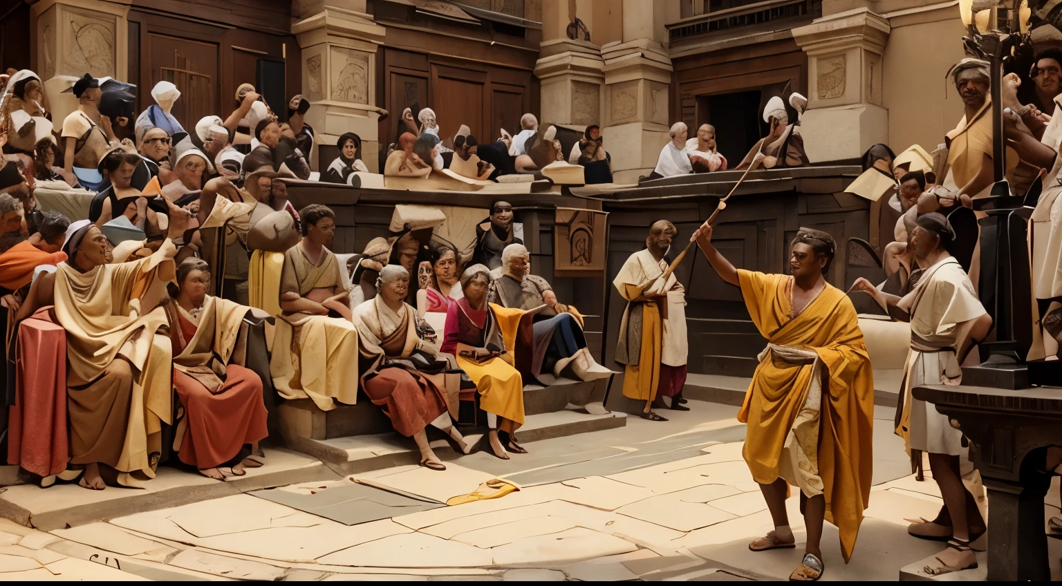 Painting of a man standing in front of a crowd of people, de Gustave Boulanger, cena palaciana, estoicismo, cuidado com os ides de marcha, John willaim godward, julius caesar, godward, vestindo uma toga, inspirado em Gustave Boulanger, caesar victorious, pintura realista, ledmund leighton