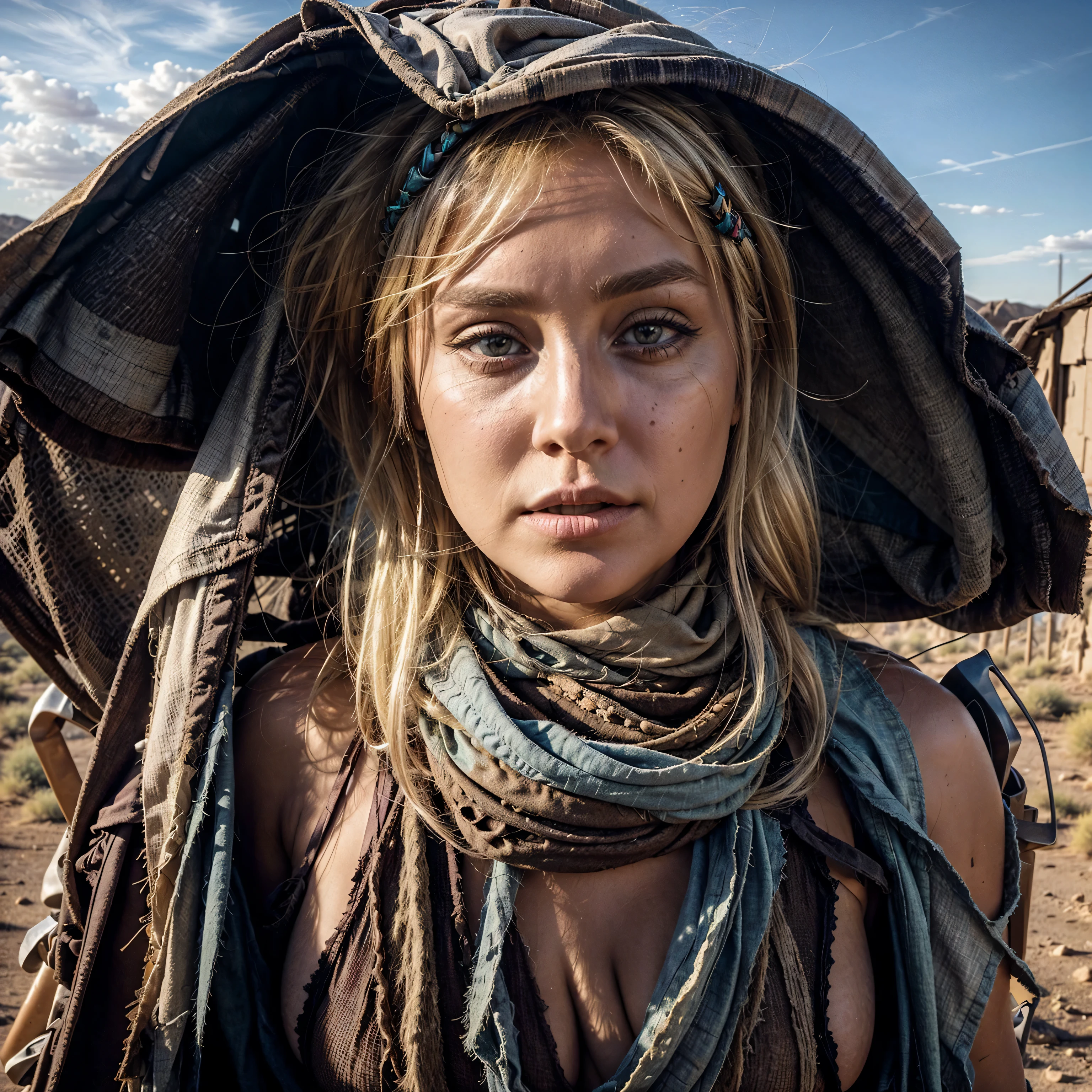Transitioning to a desert landscape at sunset, a lone figure, a beautiful woman emerges wearing nomadic, ((blonde hair)), post-apocalyptic clothing. Layers of tattered fabric, unconventional accessories, and a weathered look create an aura of survival and resilience, small tiny breasts, a sexy fat voluptuous mature obese,