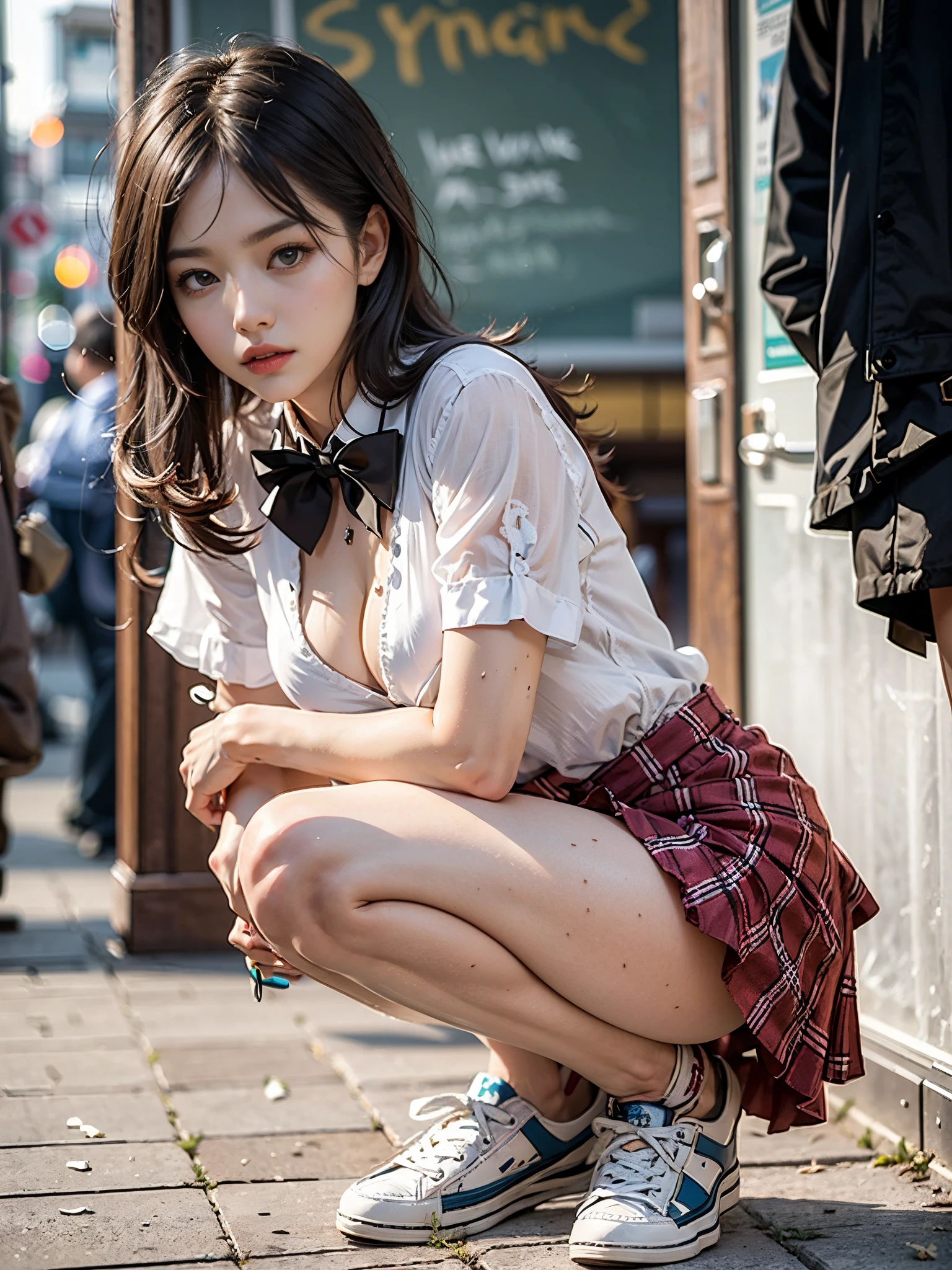 (8K, Raw photo, Best Quality, masutepiece:1.2), high-definition RAW color photography, professional photograpy, cowboyshot, (Realistic, photographrealistic:1.37), ((Best Quality)), girl, Cinematic Light, (finerly detailed face:1.2), (masutepiece:1.5),no underwear, squatting down, wearing no panties, squatting down to pick up something that fallen on the floor,(Best Quality:1.2), (Mole:0.5), Squatting, eyes are fixed on the object on the floor, bowtie, (Detailed student:1.2),The inside of the skirt can be seen from the front,Between the legs can be seen from the front,skinny legs,long legged,Thin leg, skinny girl, Korean beauty girl,Legs wide open,perplexed look,Impatient expression,Blouse with wide open chest area,small breasts are visible,The state of the action of lowering the right hand to the floor and trying to pick up something,There is no need to consciously look at the front camera.,Crotch opens,Costumes in pastel colors,not wearing panties,A slender,skinny body,Open your right and left legs firmly,a short skirt,blouse without neck collar,shirt with wide open chest,Her breasts are small so the top of her bust is clearly visible,no collar,no ribbon,Smaller chest,laceless sneakers,