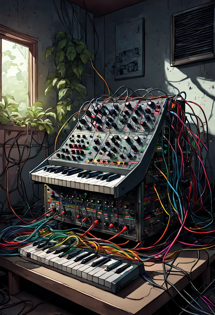 a comicbook illustration of a weird-shaped modular synthesizer with colored cables in a shady and dirty room in a cheap hotel, best quality, highly detailed, masterpiece,trending on artstation, digital art, digital illustration, storybook illustration,