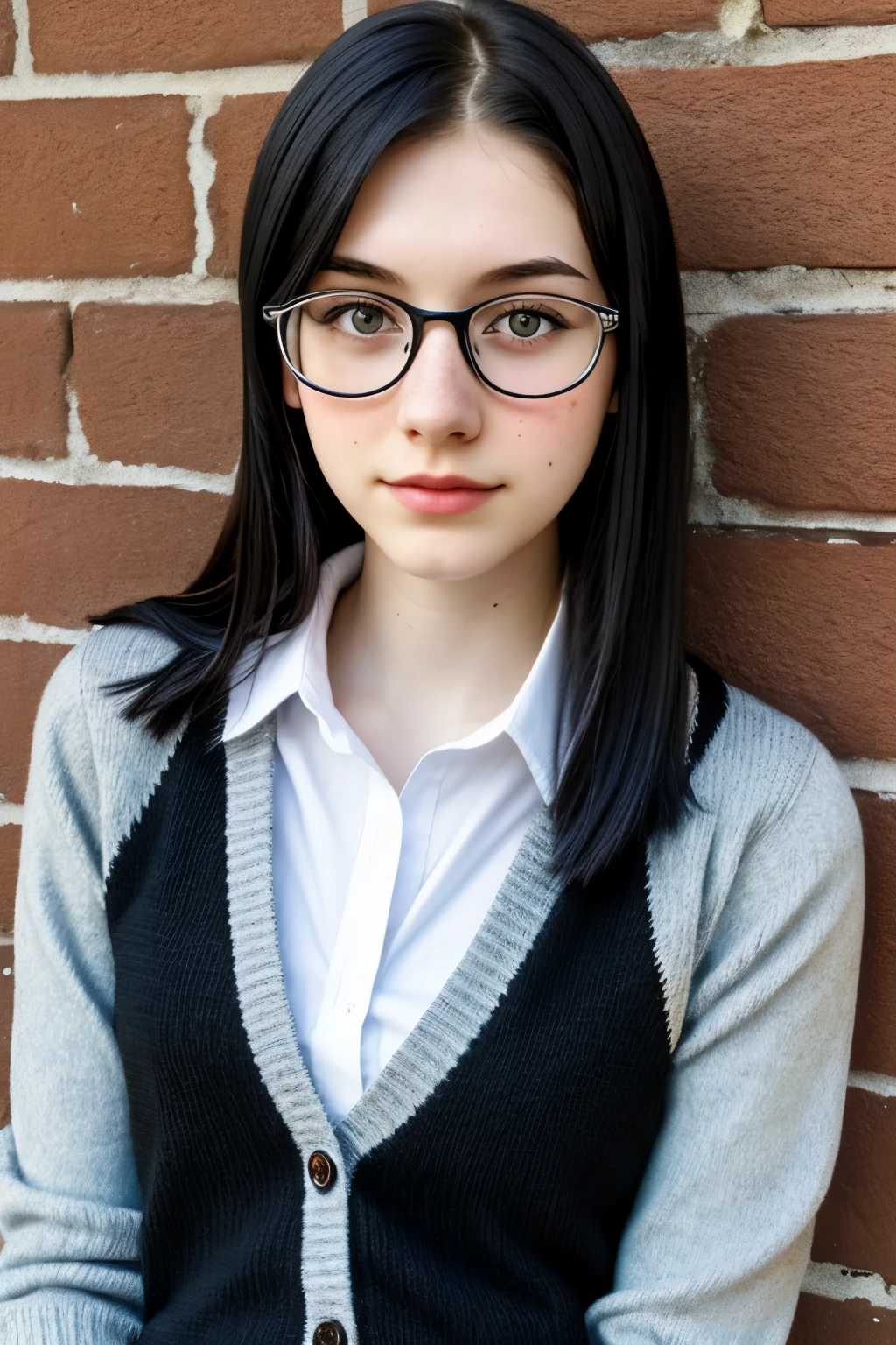 1girl, age 18, solo, caucasian, straight black hair, gray eyes, small freckles, very pale skin, wearing a cardigan, thick black glasses, nerd
