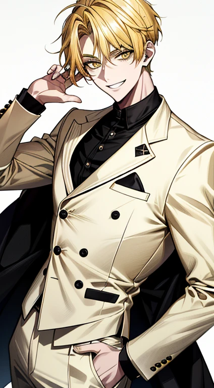 Yellow short hair, Handsome boy with yellow eyebrows and yellow expressive eyes, Smiling, white suit and black shirt, Yellow eyes