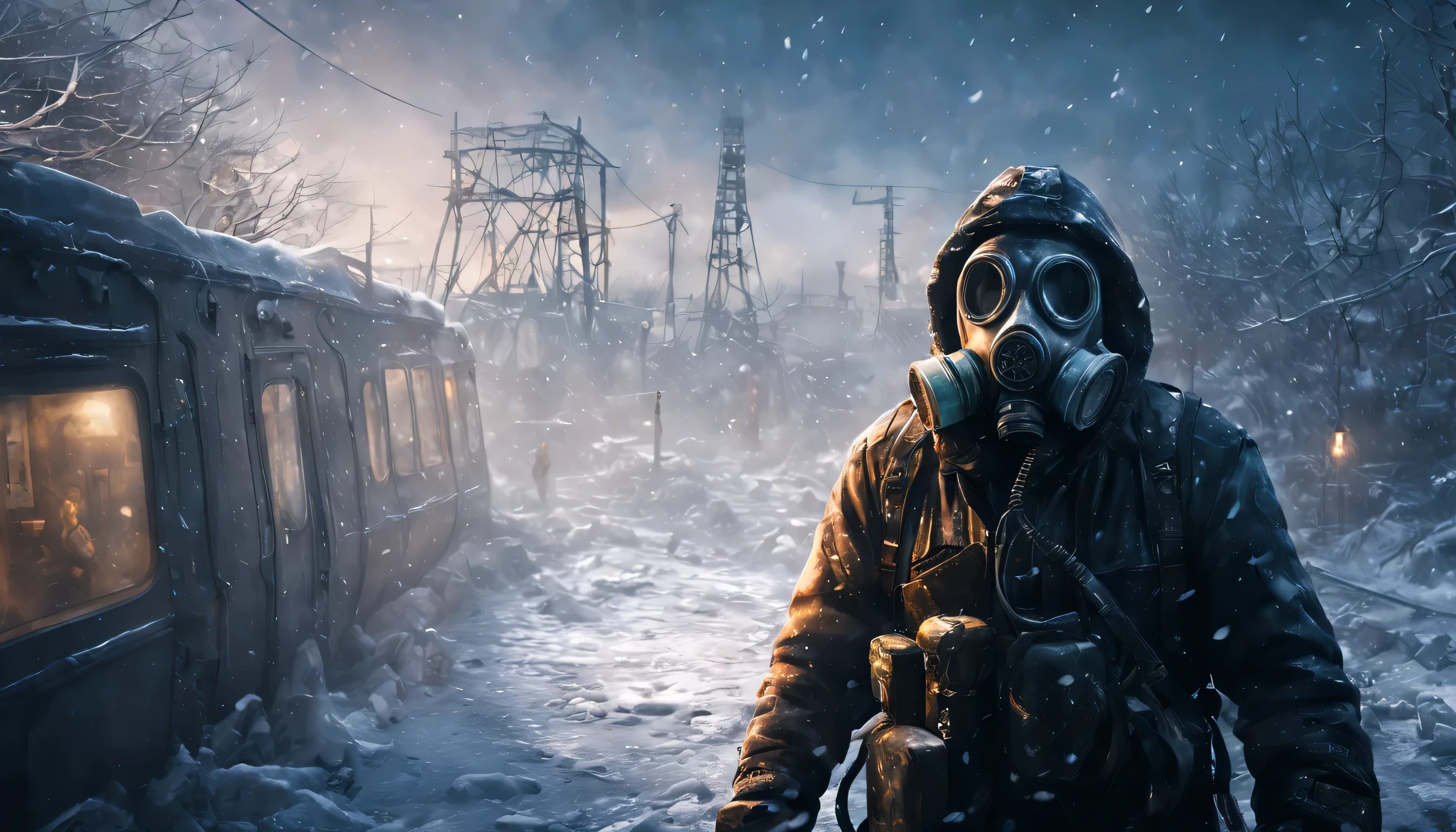 High resolution, detailed illustration, man wearing a gas mask, snowing ice, post-apocalyptic city, Metro Exodus game vibe, captivating atmospheric lighting, desolate ambiance, immersive composition, captured by a renowned digital artist, trending on art platforms, ((Metro Exodus atmosphere:1.5)), ((gas mask:1.4)), ((snowing ice:1.3)), ((post-apocalyptic city:1.4)).