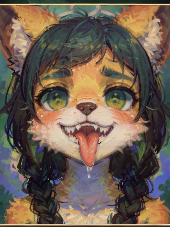 (Furry art),(furry),(furry gril),furry fox,Monet impressionist style,black hair, green hair, long braid, sunglasses, animal ears, clenched teeth, open mouth, grin, naughty, fang out, long tongue, Surrealism, Pointillism, blending, chromatic aberration abuse, film grain, anaglyph, optical , outside border, border, negative space, close-up, 8k, super detail, ccurate, masterpiece, highres, 4K