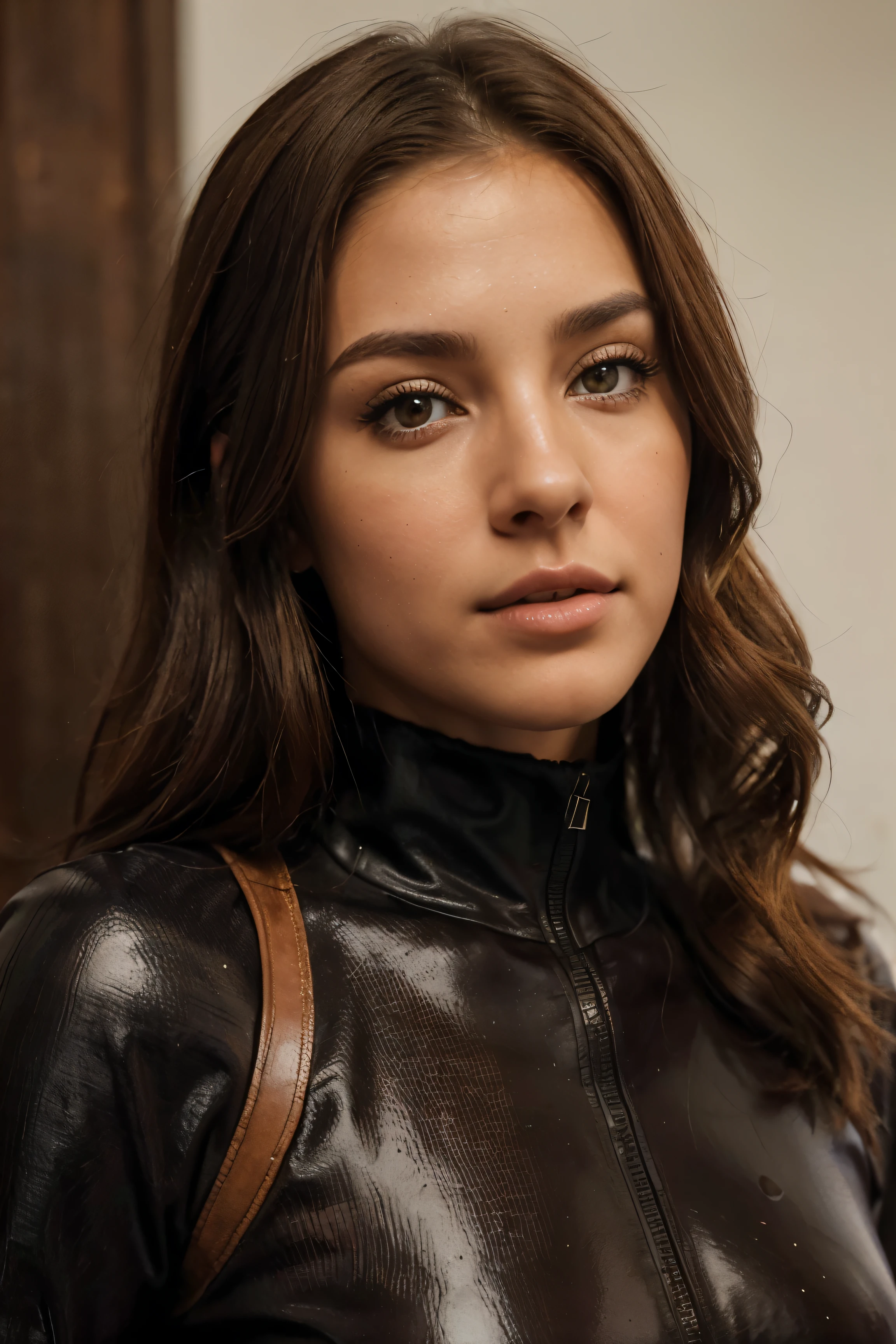 Breathtaking cinematic photo of a 30 year old girl with brown hair and olhos castanhos, Feliz, expression joyful, boca fechada, Beautiful lips, detalhes intrincados, profundidade de campo rasa, altamente detalhado, high budget, Hollywood epic movie, gorgeous, master part, Premiado, profissional, altamente detalhado, Textura detalhada da pele, (corar: 0.5), (arrepios: 0.5). (the most Beautiful woman in the world) (brown hair) (cabelos curtos e cacheados, Cabelos selvagens, corte elegante) rosto fino, nariz fino, Beautiful, very Beautiful, perfeito face, delgado body (delgado), (brown hair) (olhos castanhos ) (pele branca) Corpo bonito, Face ocidental, Predatory eyes, pink lips, coxas grossas. corpo inteiro, Beleza Ocidental, nariz fino, Beautiful, perfeito, ((best quality)), ((Ultra resolution)), ((fotorrealista: 1.4)), (detalhes intrincados), perfeito face, maquiagem: 1.5 , rosto claro, detalhes faciais. Front view ((uniforme, tactical bodysuit, fantasia de agente, Spy))
