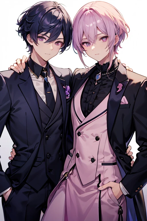 A navy haired handsome man with silver eyes is posing with a pink haired handsome man with violet eyes at a ball