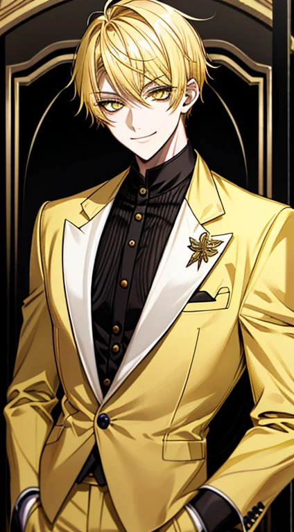 Yellow short hair, Handsome boy with yellow eyebrows and yellow expressive eyes, Smiling, white suit and black shirt, Yellow eyes