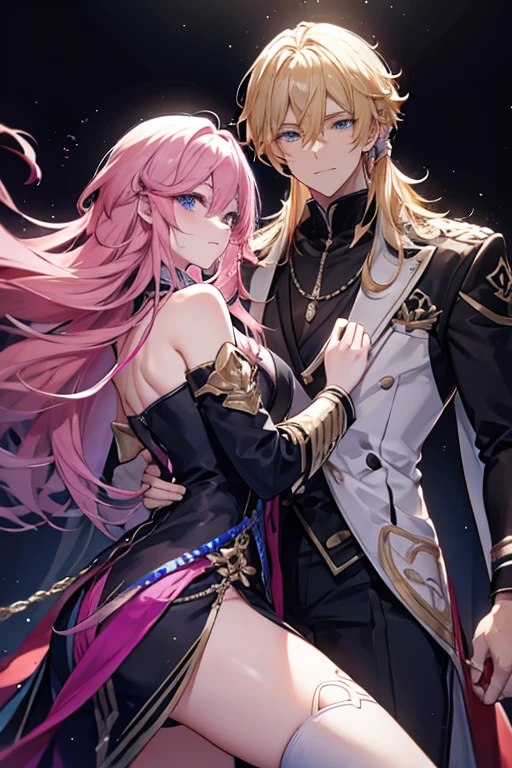 A pink haired handsome man with violet eyes is posing with a muscular blonde haired man with blue eyes with long hair and a dark beard at a ball