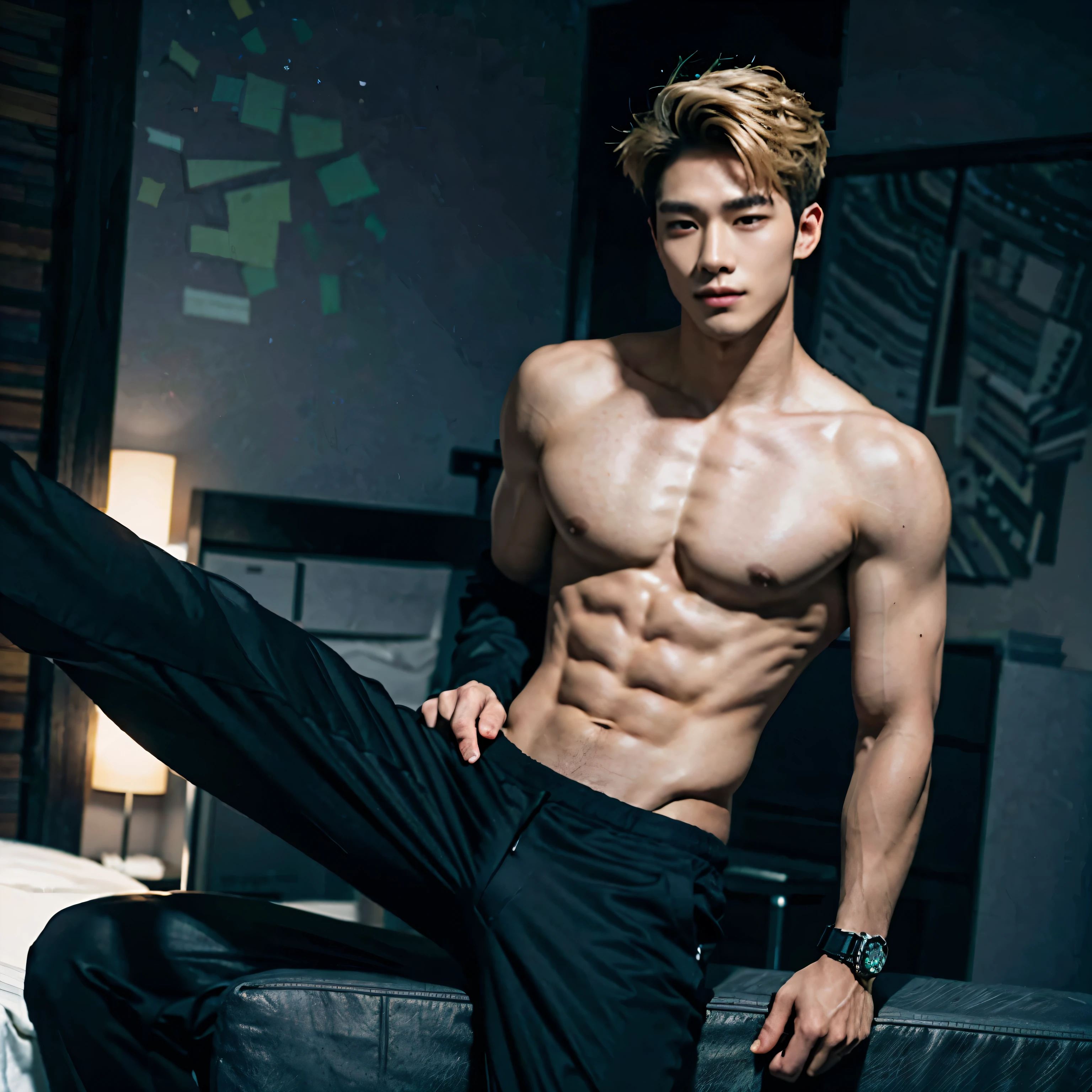 Black Blazer, Abs, No Shirt, Baggy Formal Pants, Male, Blonde Hair, Medium Length, Perfect Facial Symmetry, Perfect Nose, Handsome Nice Smile, Almond Eyes and Korean. One Male, Alone, Single Person, Handsome Smirk. Wolfcut. Single Male, One Person. SINGLE CHARACTER