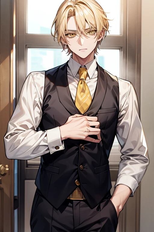 A high resolution， Sharp focus， Pixiv masterpiece， （（Complicated details））， highly  detailed， natsuki_subaru， 1 man， with her mouth open，full bodyesbian，sit astride， Golden eyes（eyes glowing）， blond hairbl， The shirt，Drenched，Gold tie，trousers，thongs，perspire，look from down