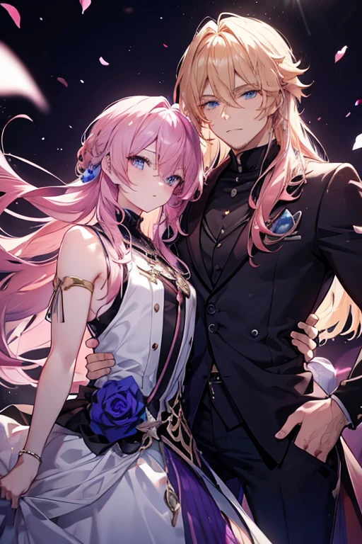 A pink haired handsome man with violet eyes is posing with a muscular blonde haired man with blue eyes with long hair and a dark beard at a ball