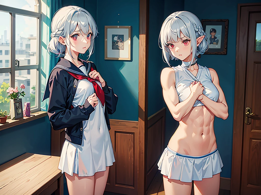 ((Embarrassing)), ((Changing clothes)), ((Put your hands on your chest)), 1 Whole body of a girl, elvish, ((silber hair)), Red Eyes, bob cuts, Braided hair, student clothes, a sailor suit, inside in room, speculum, gender change, concept-art, beautiful anime scene, Beautiful anime scenery, top-quality, masterpiece, six pack abs, muscle arms, muscular, tomboy