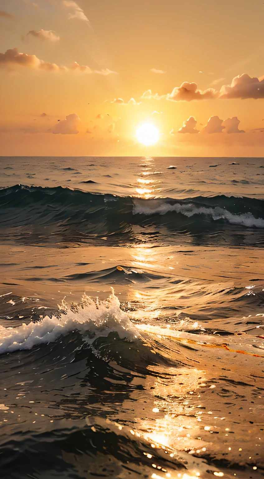 Create an image from the perspective of the sea with land visible on the horizon, during a late afternoon with orange skies, um sol radiante, e muitas nuvens brancas.