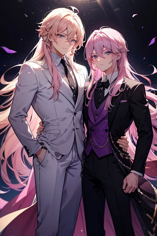 A pink haired handsome man with violet eyes is posing with a muscular blonde haired man with blue eyes with long hair and a dark beard at a ball in fancy suits