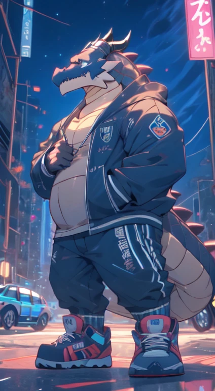 Herbivoredragon,male, cool dragon anime, chubby, anthropomorphic, (wearing stylish black sweatshirt, sport shoes,headphone), full body view,cyberpunk, Tokyo cyber city, night, ultra 8k resolution, pixiv,unreal rendering