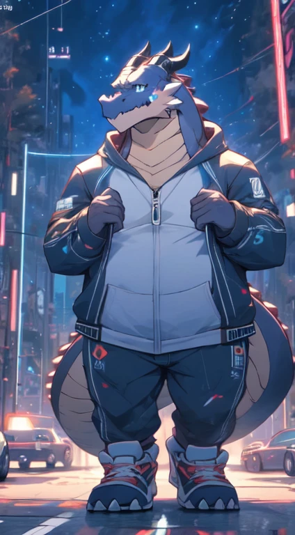 Herbivoredragon,male, cool dragon anime, chubby, anthropomorphic, (wearing stylish black sweatshirt, sport shoes,headphone), full body view,cyberpunk, Tokyo cyber city, night, ultra 8k resolution, pixiv,unreal rendering