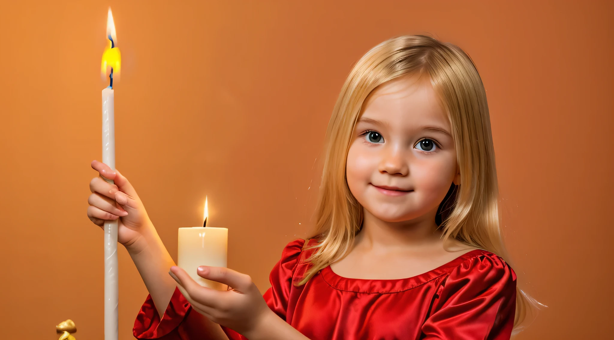 BLONDE CHILDREN GOLDEN ANGEL GIRL with candle in hand. fundo vermelho