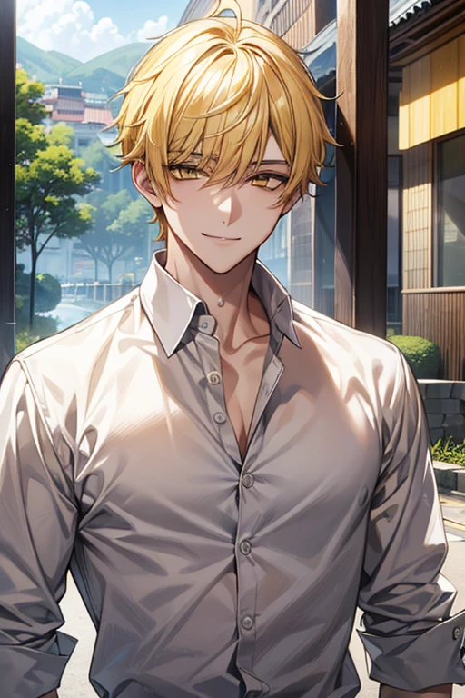 Yellow short hair, Handsome boy with yellow eyebrows and yellow expressive eyes, Smiling, Yellow eyes、Wet shirt、细致背景