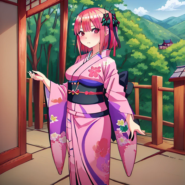 {Best Quality}, {very aesthetic}, {Ultra-detailed}, {Best Illustration}, One girl, japanese kimono, butterfly pattern kimono, Pink hair, onoffunder