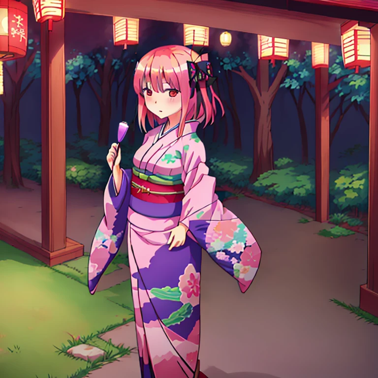 {Best Quality}, {very aesthetic}, {Ultra-detailed}, {Best Illustration}, One girl, japanese kimono, butterfly pattern kimono, Pink hair, onoffunder