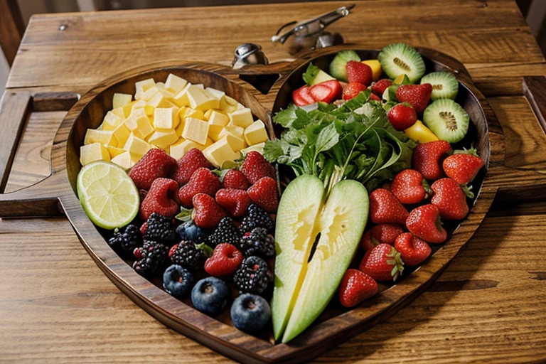 fresh fruits and vegetables served on a heart-shaped wooden tray, next to a medical stethoscope