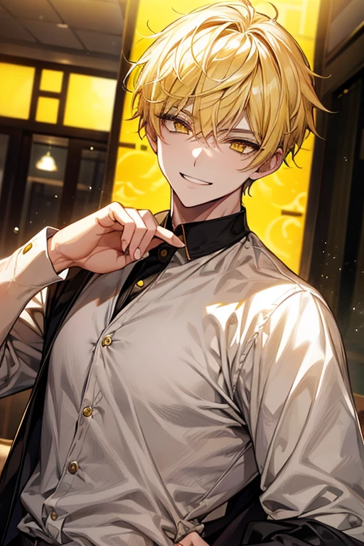 Yellow short hair, Handsome boy with yellow eyebrows and yellow expressive eyes, Smiling, Yellow eyes、细致背景、fashionable shirt